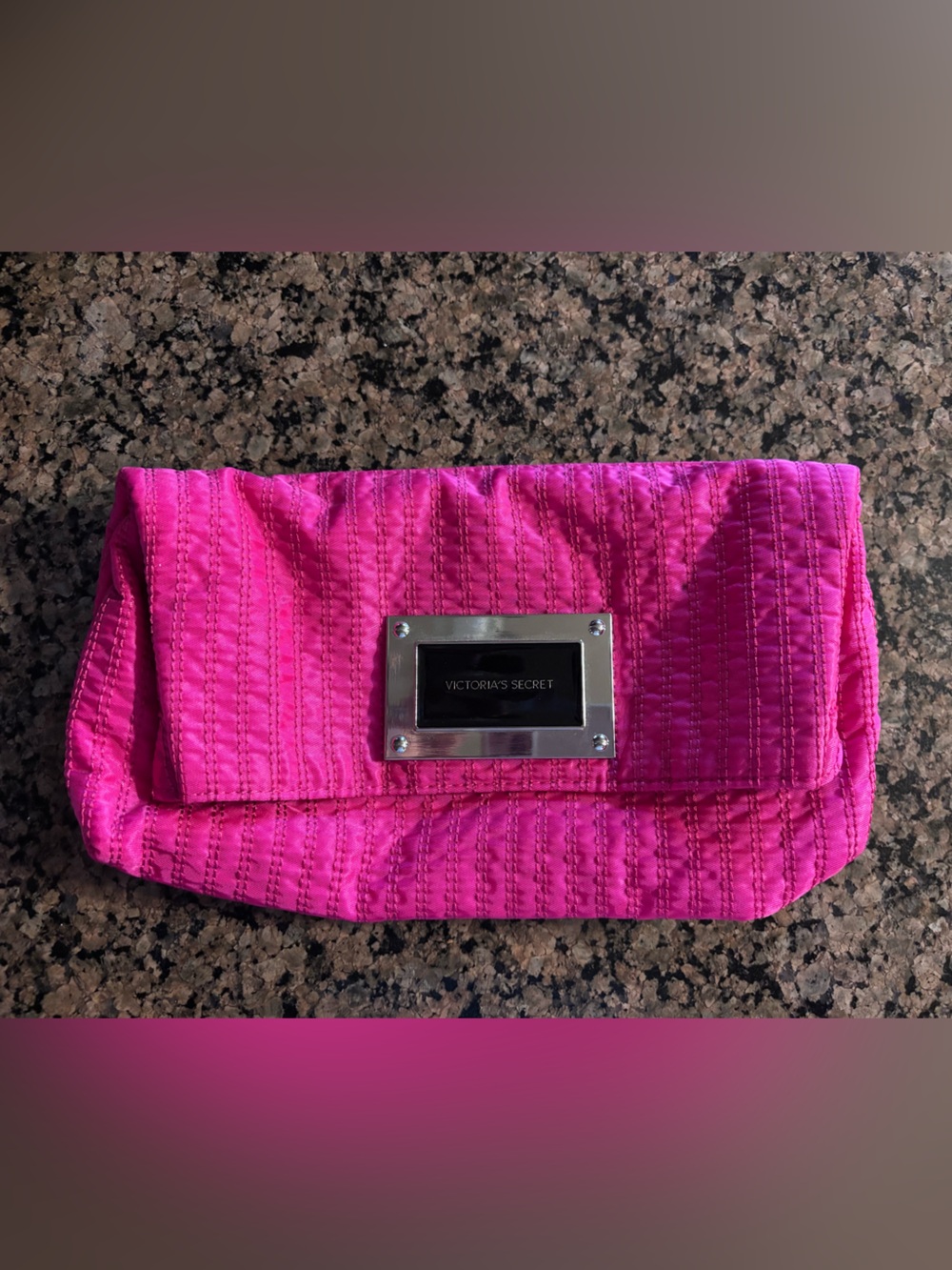 Victoria's Secret Bright Pink Quilted Cosmetic Pouch with Metal Logo Plate